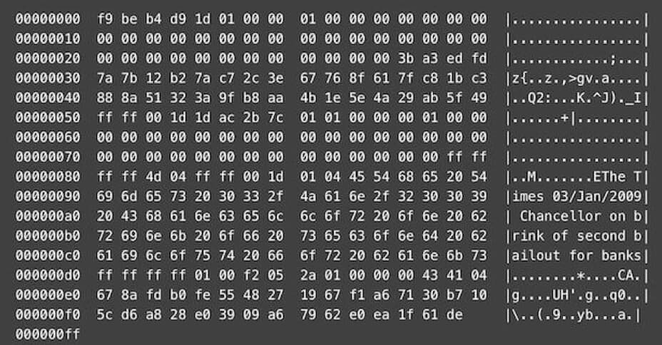 Genesis block hex dump showing The Times headline in the coinbase data